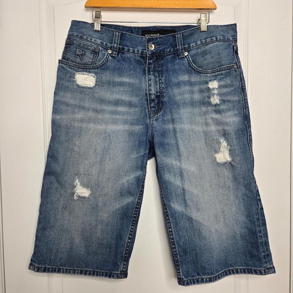 Roca Wear Denim Shorts Men's 34 Jeans Distressed Blue Washed